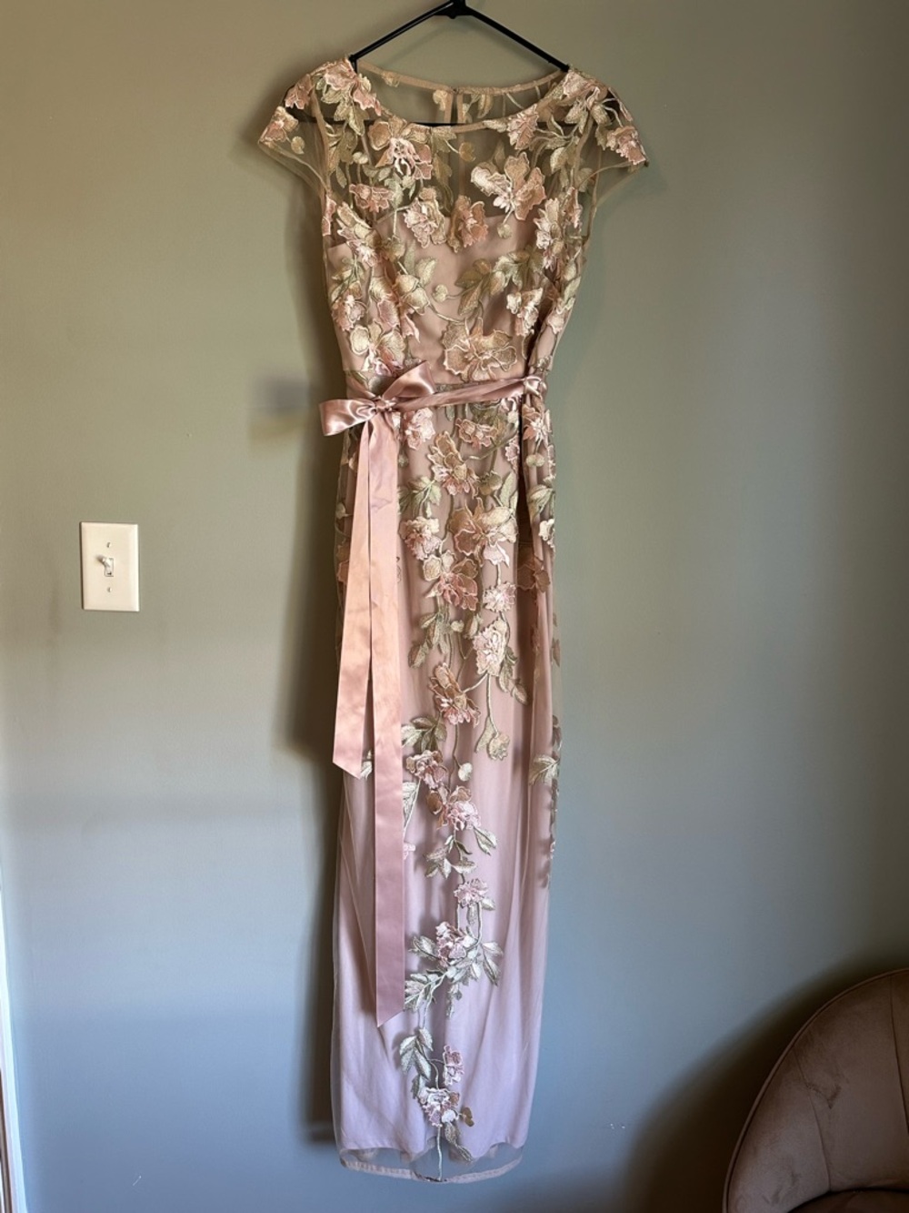 Adrianna Papell Blush Pink Floral Embroidered Evening Gown